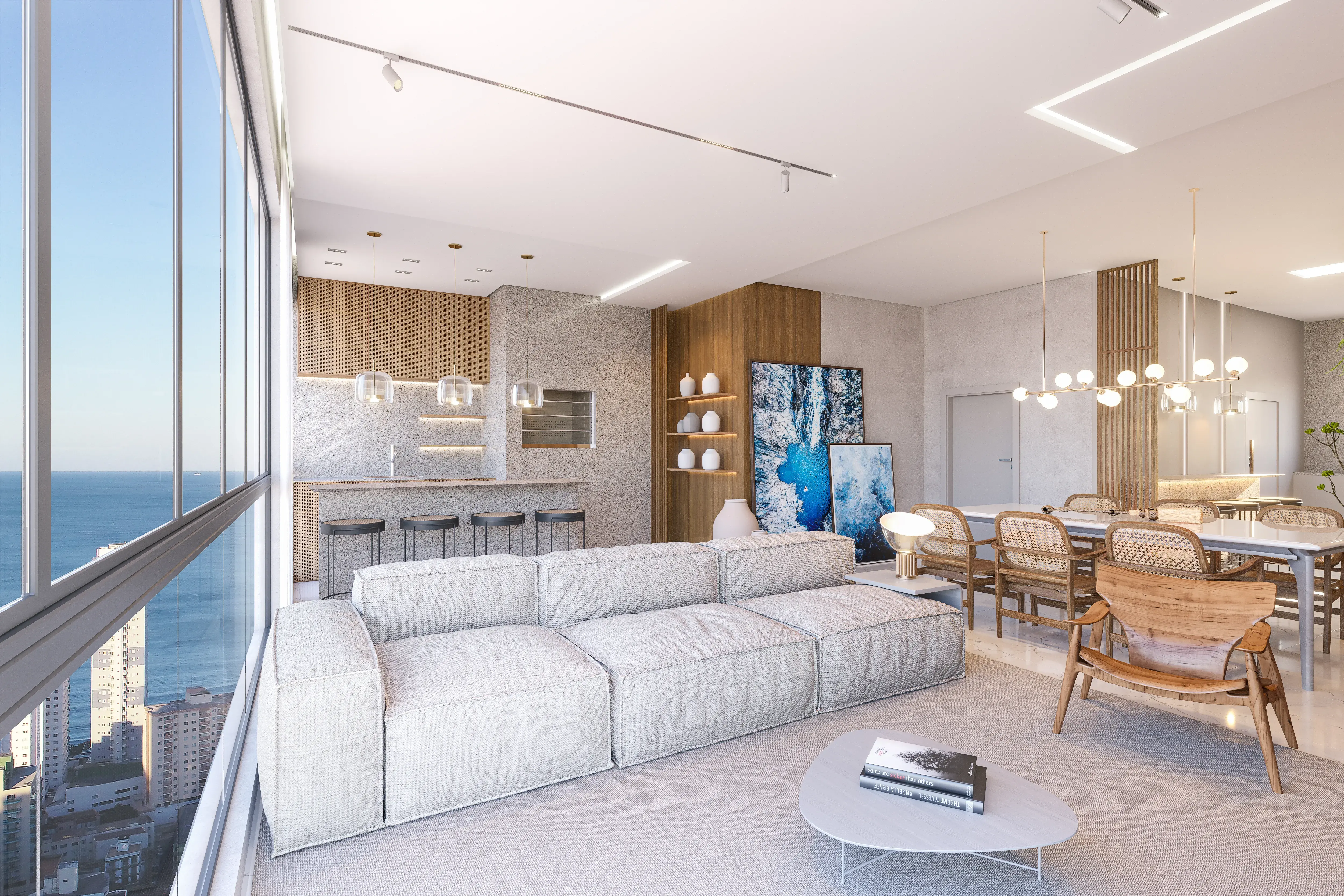 Perspectiva do SOUL — living integrado com vista para o mar